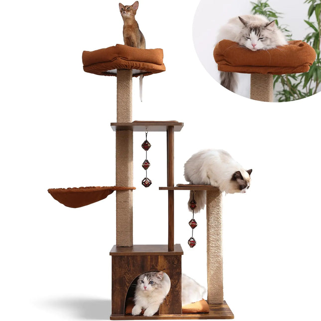 FUKUMARU Cat Tree 4 in 1 Large Modern Cats Tower with Jute Scratching Post and Hammock Wood Cat Condo with silvervine Balls Cat Climber Stand Playhouse for Indoor Cats Retro Style