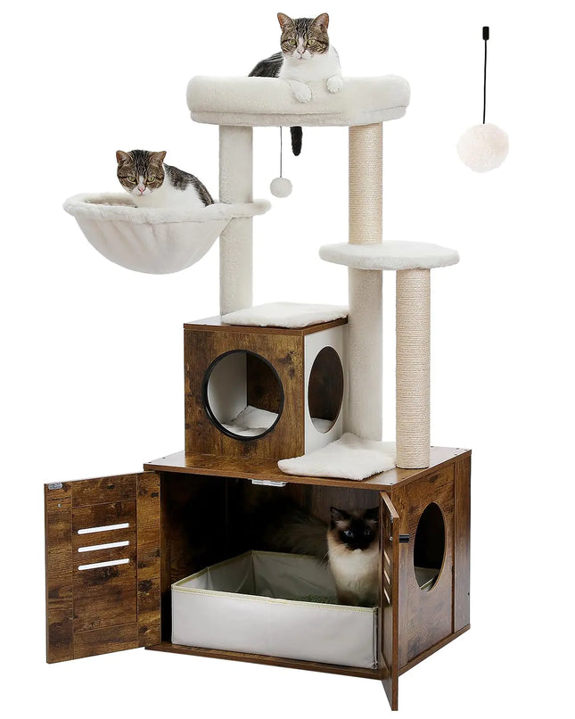 MUTTROS Cat Tree with Litter Box Enclosure 50" Modern Cat Tree for Large/Fat Cats with Cat Condo Wooden Cat Furniture with Large Hammock and Top Perch Rustic Brown