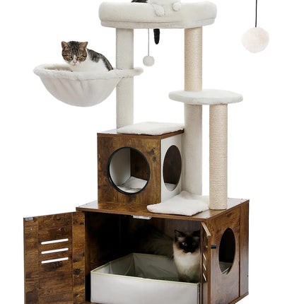 MUTTROS Cat Tree with Litter Box Enclosure 50" Modern Cat Tree for Large/Fat Cats with Cat Condo Wooden Cat Furniture with Large Hammock and Top Perch Rustic Brown