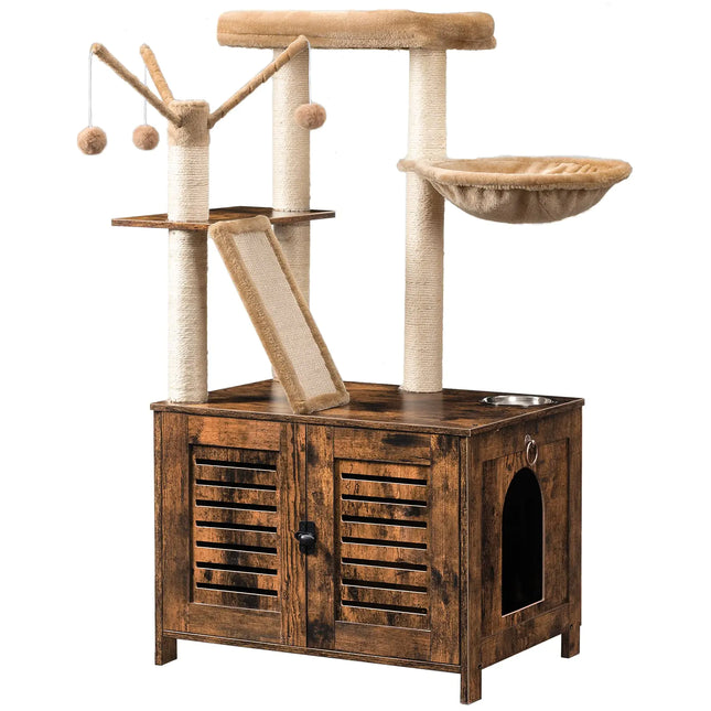 HOOBRO Cat Tree with Litter Box Enclosure 44" Tall Wooden Cat Tower with Scratching Posts Cat Hammock Hidden Litter Box Furniture All-in-One Indoor Cat Condo Rustic Brown FG48MZ03