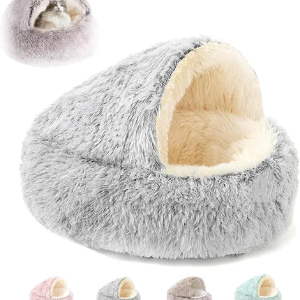Lapcatz Nest Bed Cat Bed Round Plush Fluffy Hooded Cat Bed Cave Plush Fluffy Pet Round Bed Anti-Slip & Washable Fluffy Cat Bed for Small Medium Pets (Grey50cm/19.7inch)